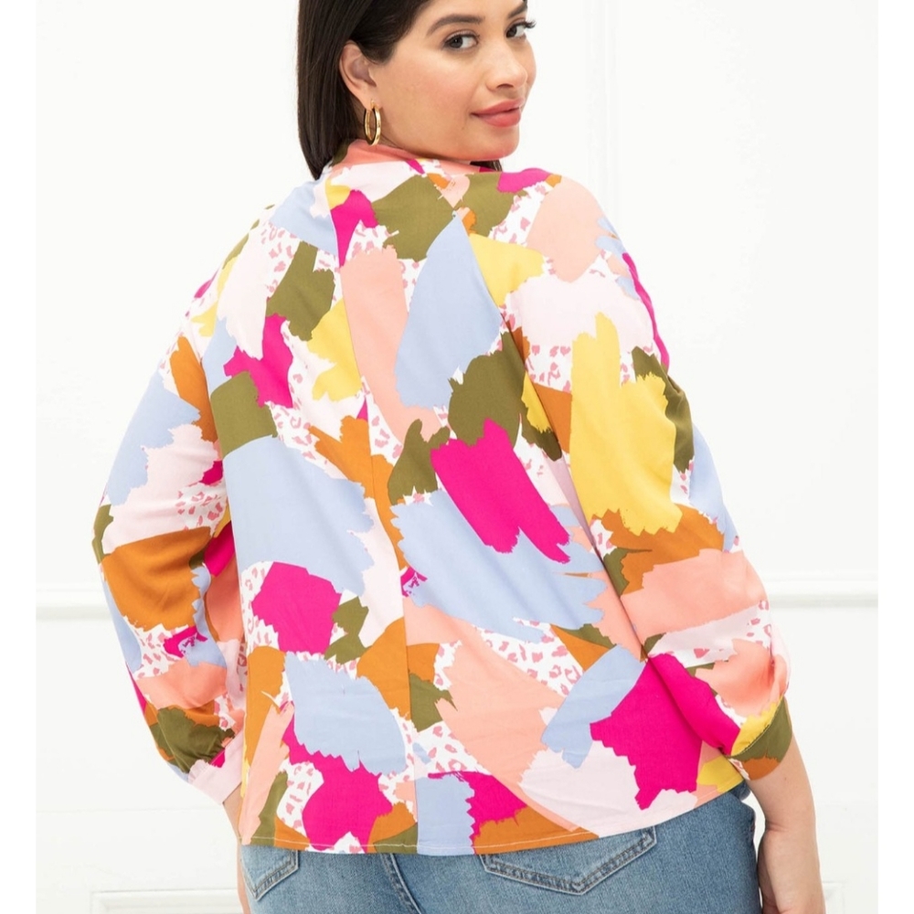 Eloquii Vibrant Print Cinched Sleeve V-Neck Blouse‎ - Picture 3 of 8